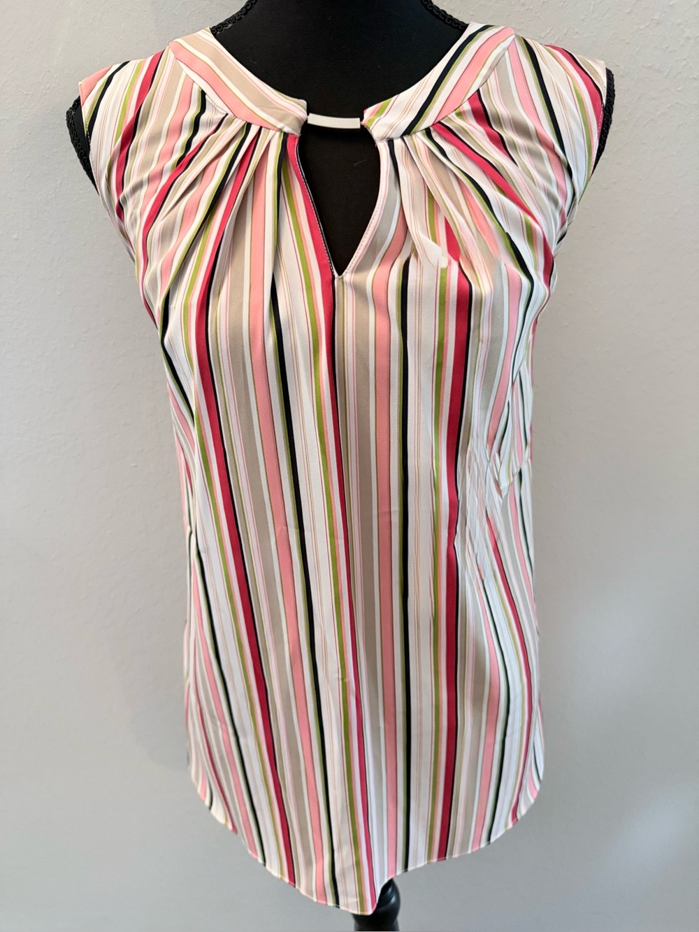 Jones New York Pink, Green and White Striped Sleeveless Keyhole Top